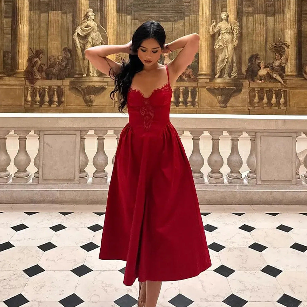 Women's Fashion Zero Lace Patchwork Waist-slimming Red Slip Dress
