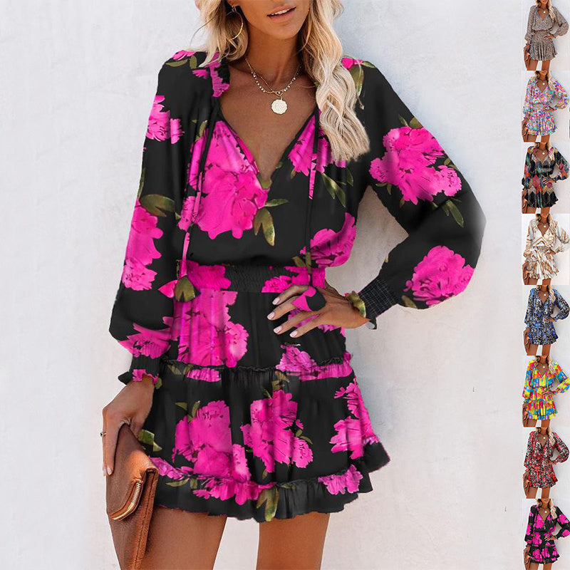 Flowers Print Long Sleeve Dress Fashion Patchwork Puff Sleeve Waist Dresses Womens Clothing