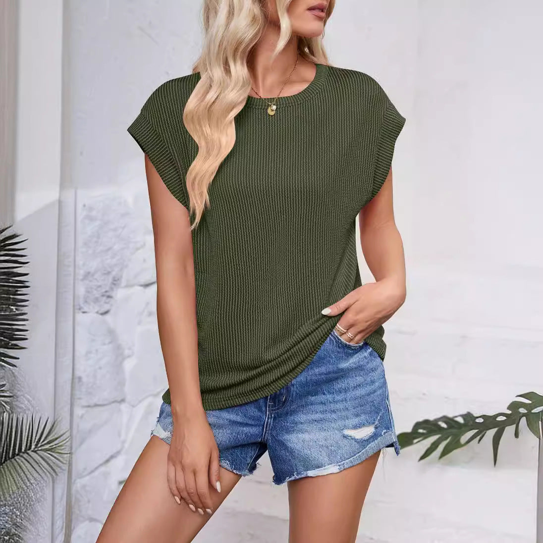 Solid Color Stripe Bat-sleeve T-shirt Summer Casual Loose Vest Tank Womens Clothing