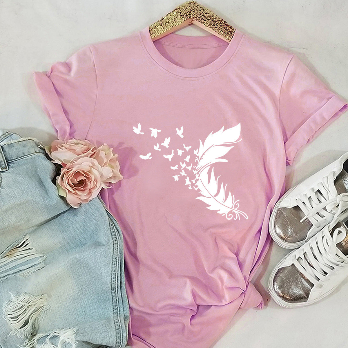 Summer Plus Size Women Clothing New Feather Print T-Shirt