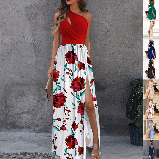 Rose Print Split Dress Summer Fashion One-shoulder Long Dress Womens Clothing