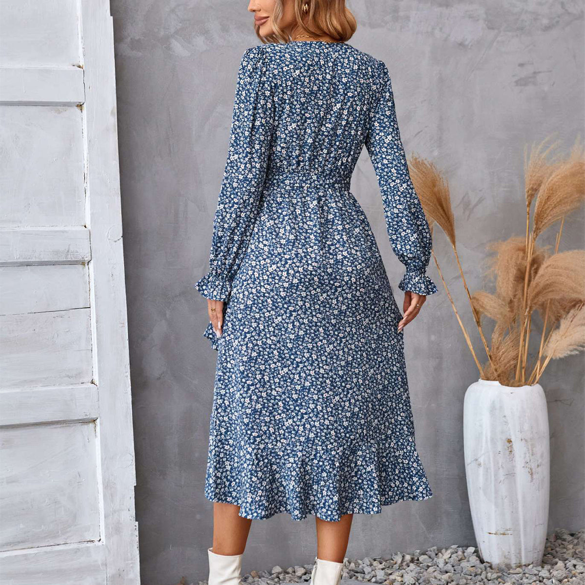 Flowers Print Long Sleeve Dress Fashion Ruffled Commuter Temperament Dresses Womens Clothing