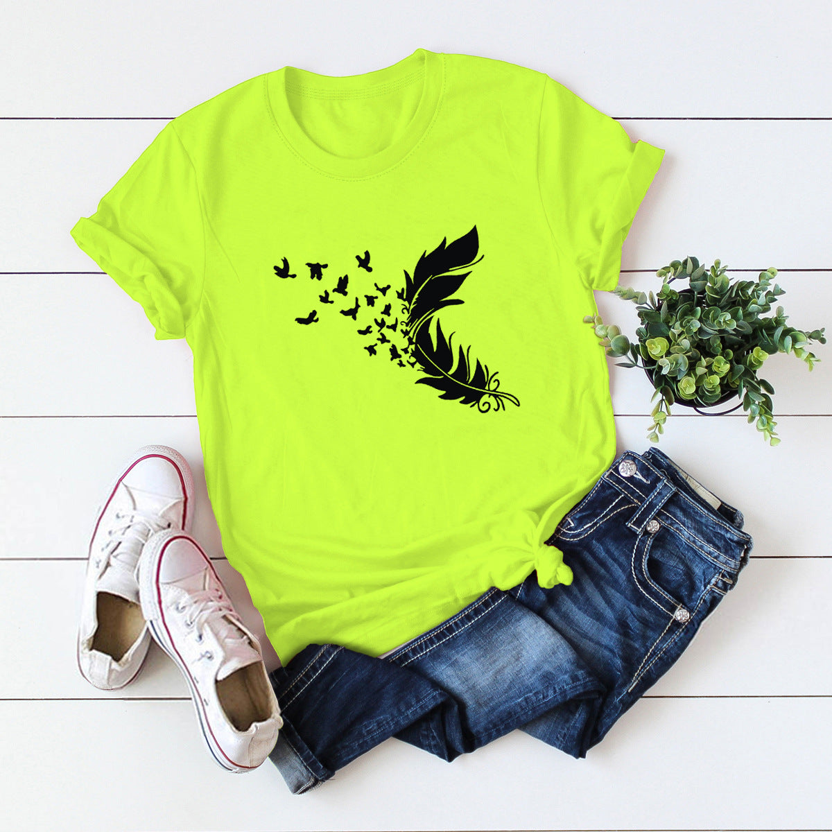 Summer Plus Size Women Clothing New Feather Print T-Shirt