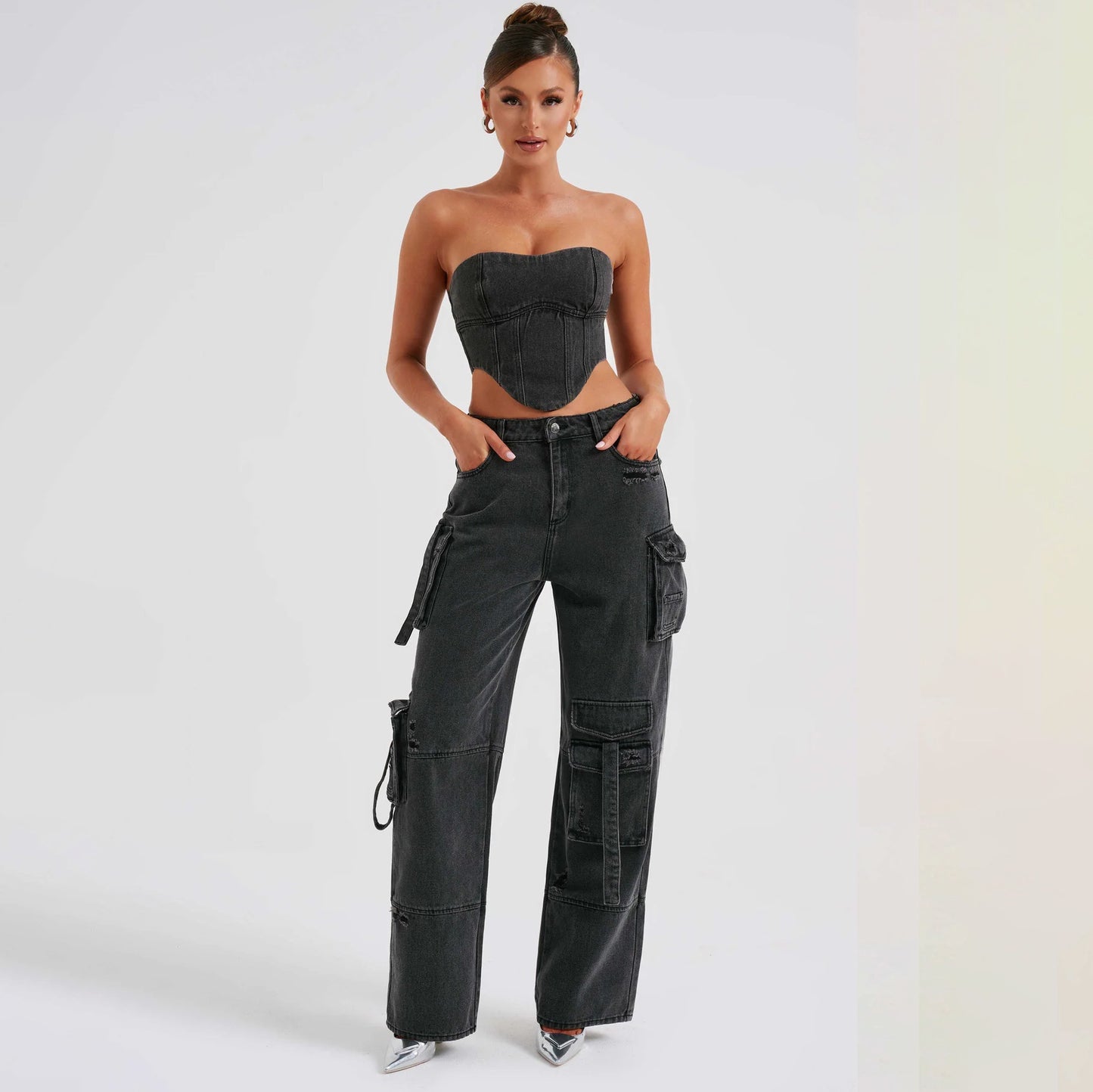 2Pcs Denim Suits Summer Sexy Backless Tube Top And Multi-pocket Straight Trousers Fashion Long Pants Suit Womens Clothing