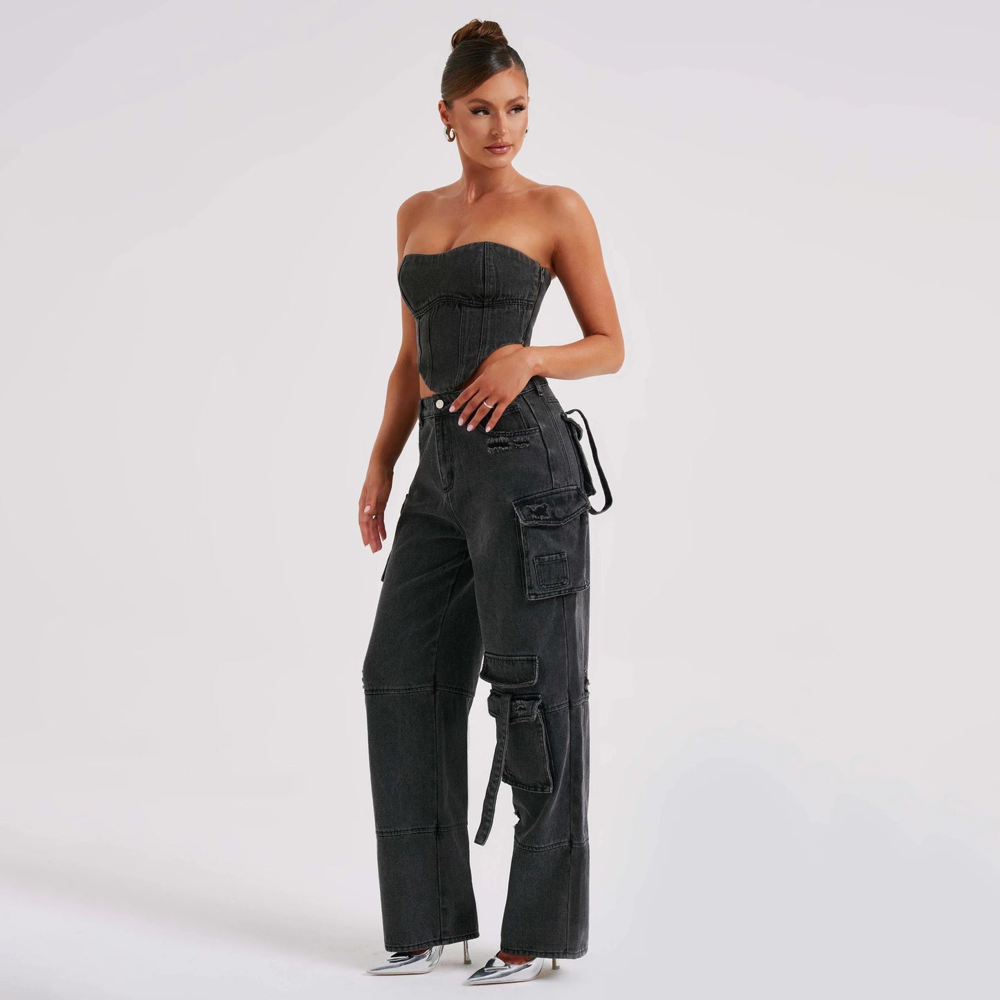 2Pcs Denim Suits Summer Sexy Backless Tube Top And Multi-pocket Straight Trousers Fashion Long Pants Suit Womens Clothing