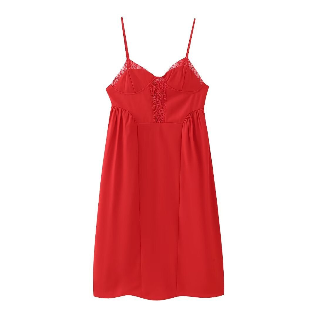 Women's Fashion Zero Lace Patchwork Waist-slimming Red Slip Dress