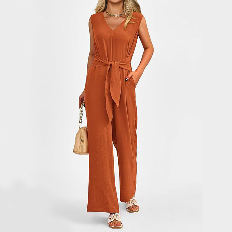 New V-neck Sleeveless Long Jumpsuit With Pockets And Lace-up Design Wide-leg Straight Trousers Summer Womens Clothing