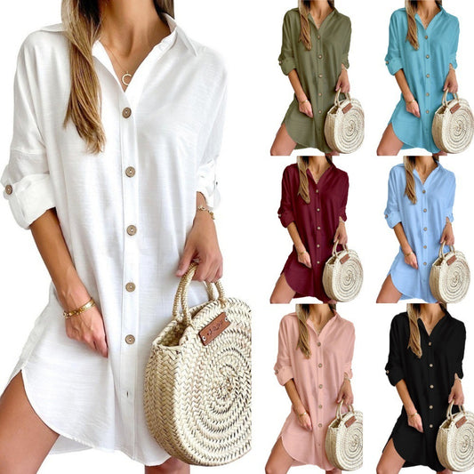 Autumn Leisure Long Sleeve Lapel Button Shirt Dress Womens Clothing