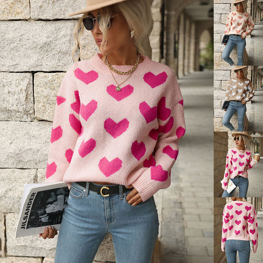 Fashion Love Print Knitting Sweater Casual Pullover Long-sleeved Top Womens Clothing